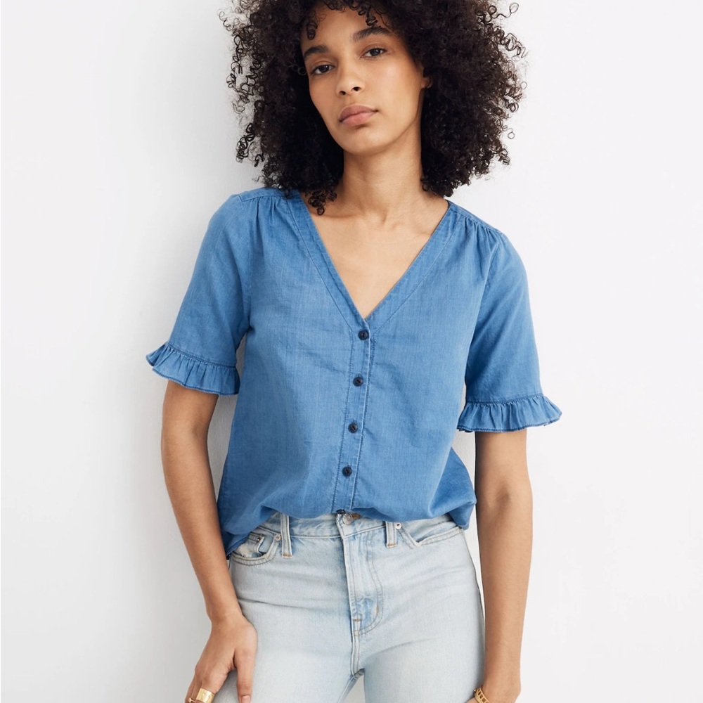 Madewell Village Ruffle-Sleeve Shirt in Indigo